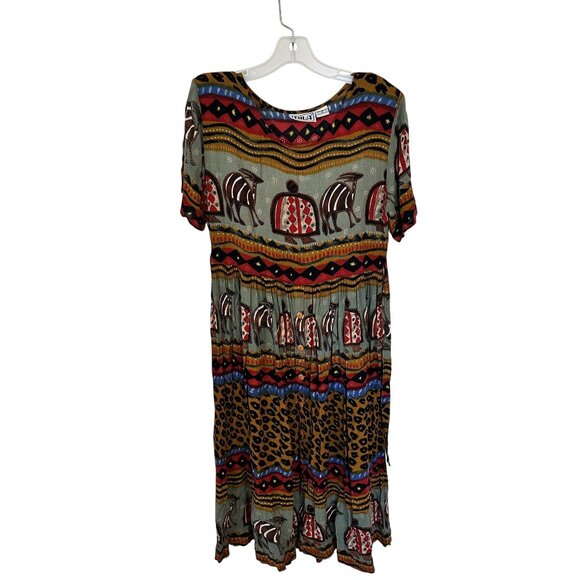 Vtg Bila Womens Maxi Dress Multicolor Animal Tribal Print Rayon Small Ethnic - Picture 1 of 8